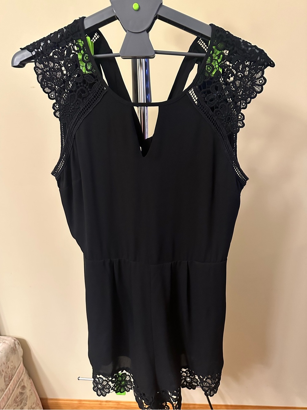 Express Black Lace-Trim Open Back Romper With Pockets.